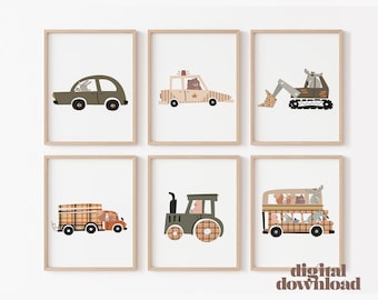 CONSTRUCTION TRUCKS Animal Nursery Prints, Baby Boy Room Wall Art, Truck & Cars Vehicle Posters, Six Print Set , Animals Driving, Digital