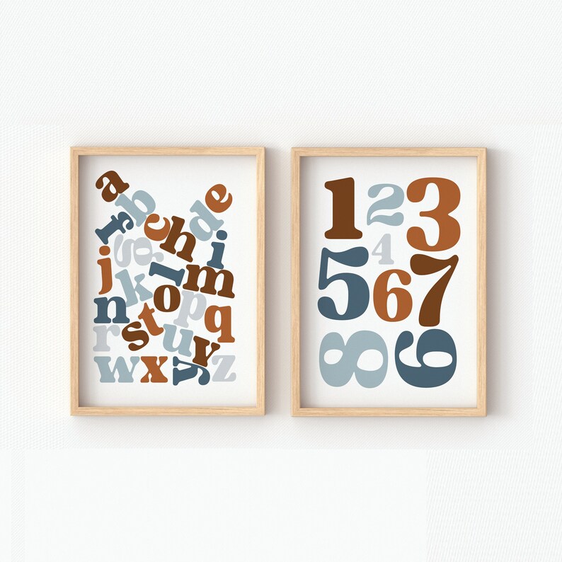 Boys Nursery Alphabet Wall Art, Blue Brown, ABC Poster Print Set