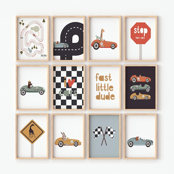 Racing Car Animals Nursery Print Set, Gallery Boys Wall Art (Digital Download)