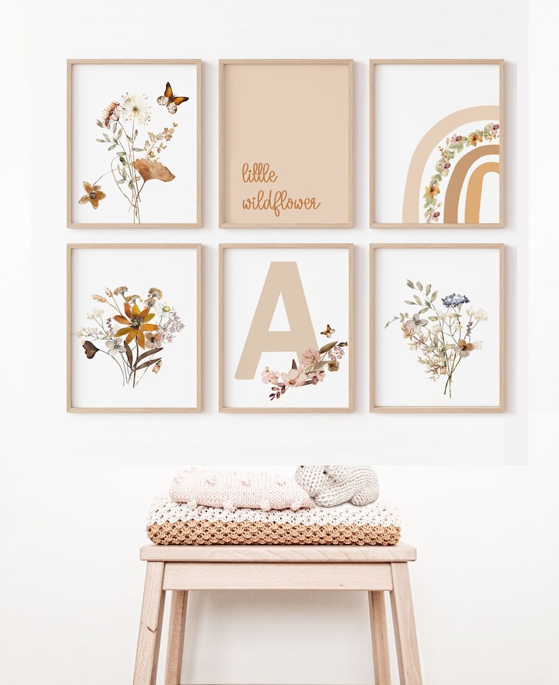 WILDFLOWER NURSERY DECOR Wall Art prints, Girls Baby rooms, Boho rainbow, Floral botanical, Personalised Name Nursery Print Set image 1