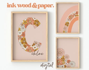 Retro Floral Initial Nursery Wall Art Prints, Pink Floral, Girls Rooms, Flower Decor, Boho Style, Floral Blooms, Name, Digital Download,