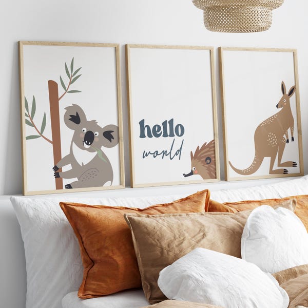 Australian Animal Nursery Prints: Koala, Kangaroo, Echidna (Digital Download)