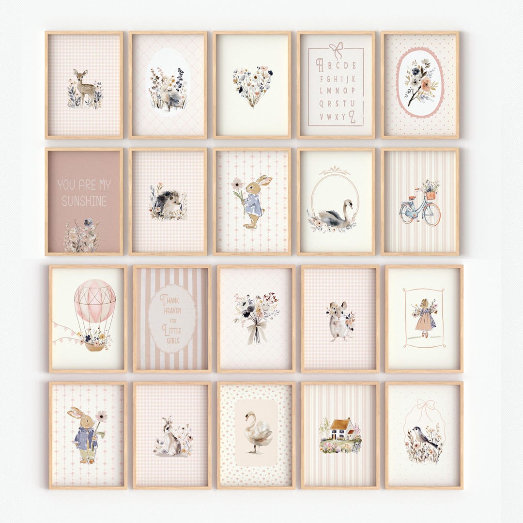 Pink Nursery Gallery Wall Art Set of 20 Prints, Vintage Farmhouse ...