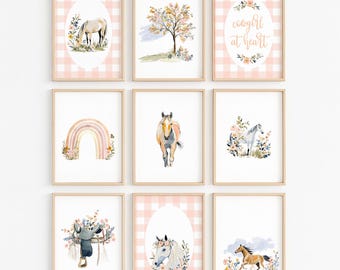 Cowgirl Horse Illustration: Girls Room Art Farm Wall Art Set, Boho Decor