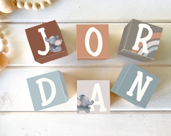 LETTER WOODEN BLOCKS Baby Boy Name, Personalised Nursery Kids Decor, Elephant, Jungle,Rainbow , Photo Prop, Newborn Gift