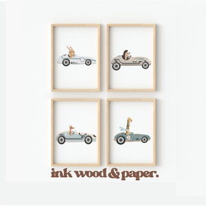 ANIMAL RACER Car Nursery Prints. Baby Boy. Wall Art. Print Set . Four Print. Boys Room Decor. Printed. Transport, Racing Car Theme image 1