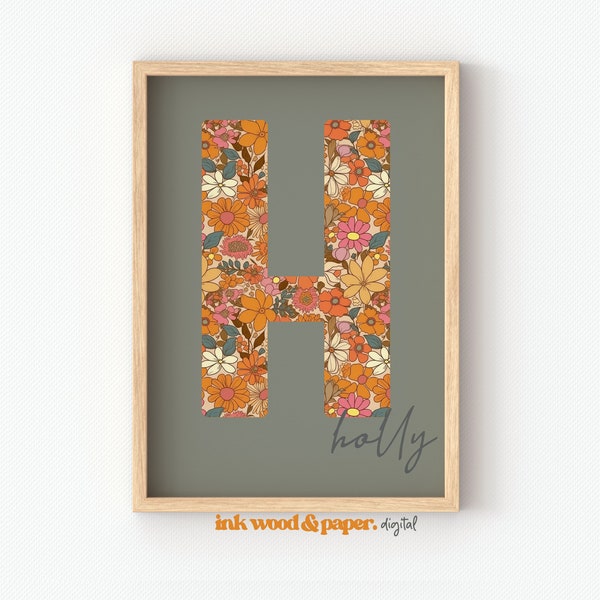 Retro Initial Nursery Letter Name Print, Personalised Wall Art, Floral Pattern Decor, Baby Girls  Flower Green, Girls Room Prints, Digital