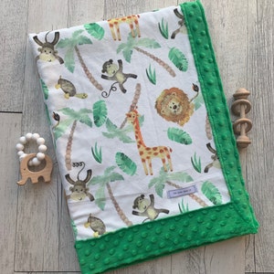 Minky baby blanket - safari, green, giraffes, monkeys