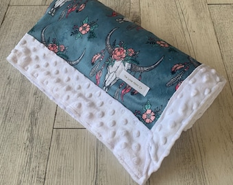 Baby Blanket Boho Minky - Boho Longhorn, Bull Skull, Floral, Bison Skull