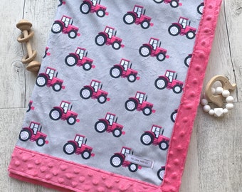Tractor Blanket - Minky Baby blanket, tractors, pink, girls