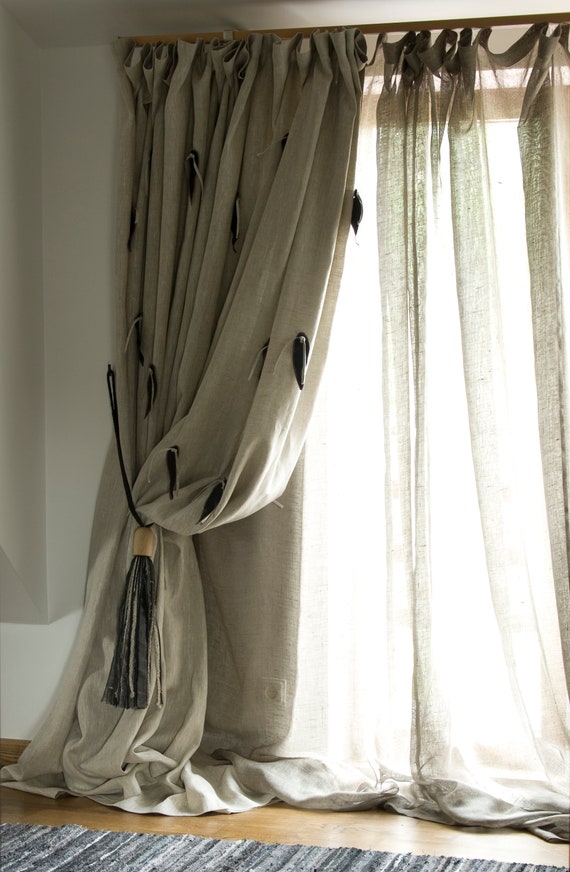 Natural Linen Curtains Decorated With Leather Leafs Heavy Etsy