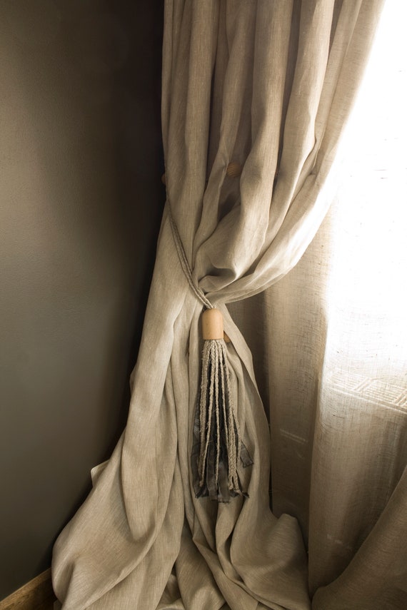 Natural Linen Curtains Decorated With Wooden Balls Heavy Etsy