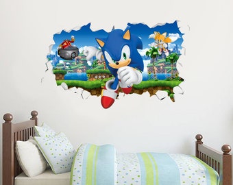 Sonic The Hedgehog Muursticker - Doctor Eggman Chasing Sonic en Tails Smashed Wall