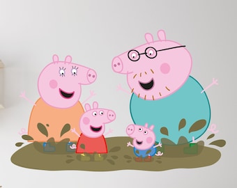 Peppa Pig Wall Sticker - Peppa and Family Jumping In Muddy Puddles Wall Decal Kids Art