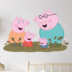 Peppa Pig Wall Sticker - Peppa and Family Jumping In Muddy Puddles Wall Decal Kids Art