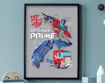 May include: A framed print featuring Optimus Prime, a red and blue robot, transforming into a semi-truck. The print has a gray background with a grid pattern and the text "OPTIMUS PRIME" in black.