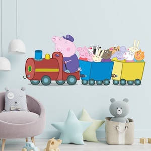 ペッパピッグ ウォールステッカー - ペッパと仲間たちが電車に乗っているウォールデカール キッズアート