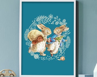Impresión oficial de Peter Rabbit - Peter y Benjamin Bunny Wreath Wall Art Print