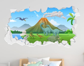 Dinosaur Wall Sticker - Cartoon Dinosaur Land with Erupting Volcano Broken Wall Decal Kids Art