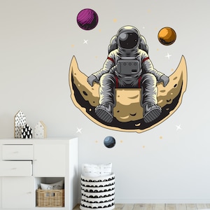 Space Wall Sticker - Astronaut Sat on Moon Cartoon Wall Decal Art