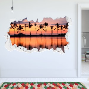 Beach Wall Sticker - Row of Palm Trees at Sunset Broken Wall Decal Home Decor Art