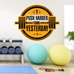 Gym Wall Sticker - Push Harder Than Yesterday Barbell Circle Wall Decal Art