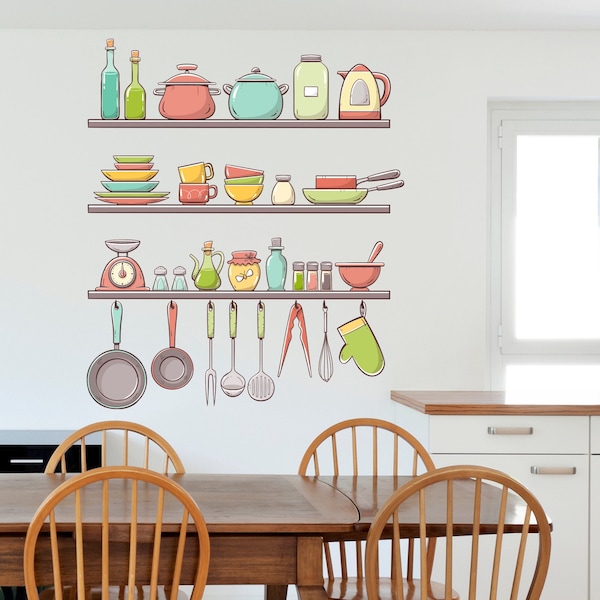 Kitchen Wall Sticker - Pastel Colour Shelves Wall Decal Art