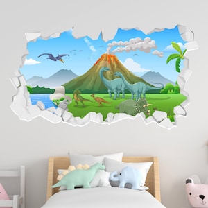 Adesivo de parede de dinossauro - Terra de dinossauro de desenho animado com vulcão em erupção decalque de parede quebrado arte infantil