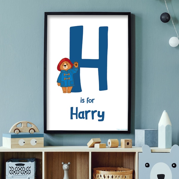 Paddington Bear TV Print - Blue Letter and Personalised Name Wall Art Print