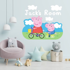 ペッパピッグ ウォールステッカー - ペッパとジョージ クラウド パーソナライズされた名前入りウォールデカール キッズアート