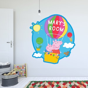 Peppa Pig Wall Sticker - Peppa and George Hot Air Balloon Personalised Name Wall Decal Kids Art