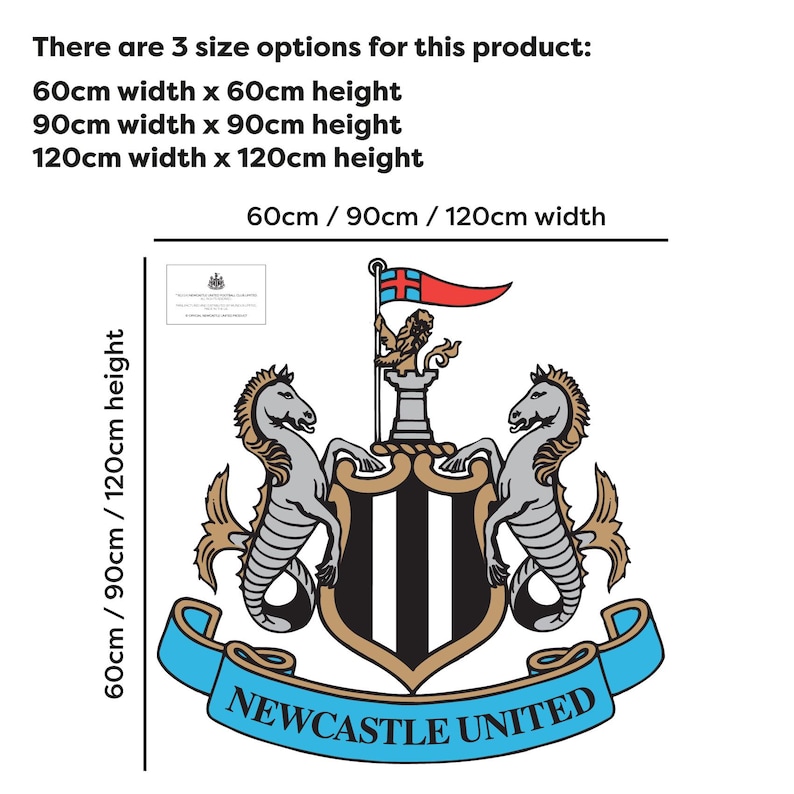 Puede incluir: Un dise&ntilde;o del escudo del Newcastle United con un escudo, caballitos de mar y una bandera. El escudo es negro, blanco, dorado y azul. El texto indica tres opciones de tama&ntilde;o: 60 cm x 60 cm, 90 cm x 90 cm y 120 cm x 120 cm.