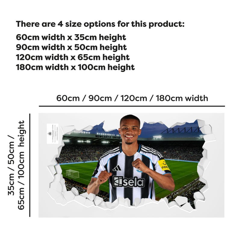 May include: A wall decal featuring a soccer player in a black and white striped jersey, appearing to break through a white wall. The decal includes text indicating four size options: 60cm x 35cm, 90cm x 50cm, 120cm x 65cm, and 180cm x 100cm.