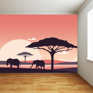 Jungle Full Wall Mural - Elephant Safari At Sunset Wall Art