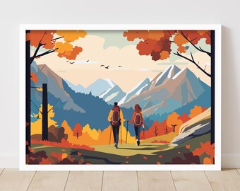 Walking Wall Art Print - Autumnal Hiking Scene Poster