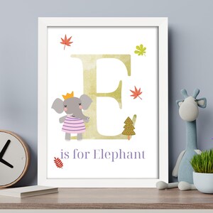 Impressão de letras de animais - E é para elefante, pôster de arte de parede