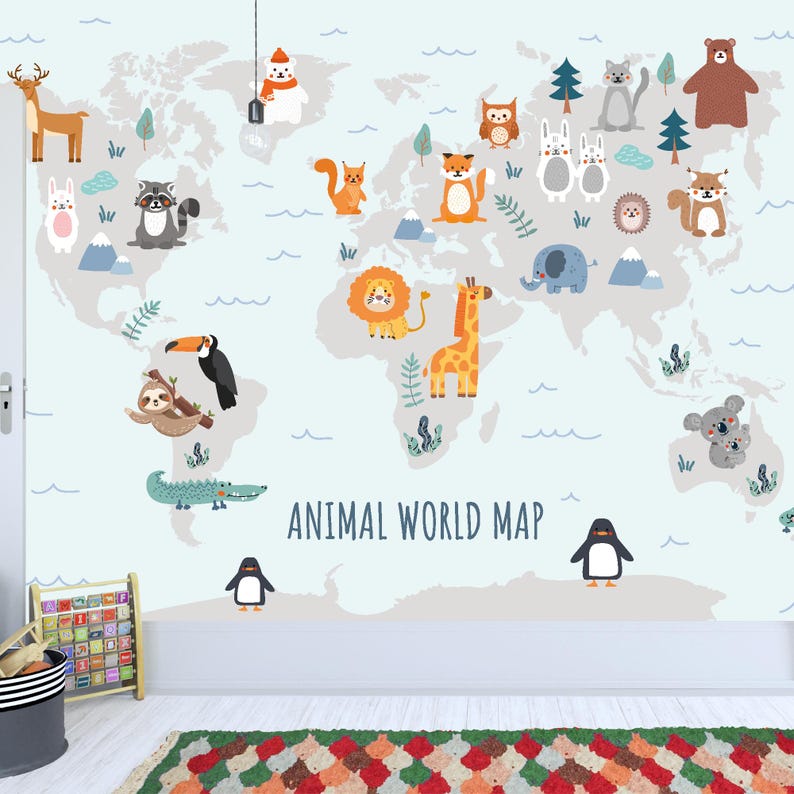 Map Full Wall Mural - Animal World Map Wall Art - Etsy