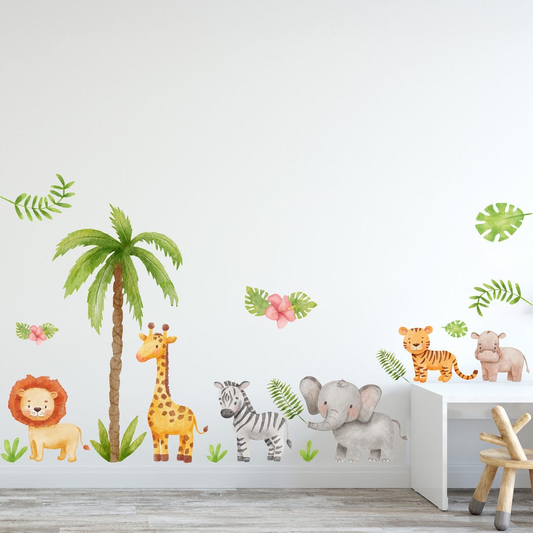 Watercolour Jungle Animal Wall Sticker - Set of 6 Animals and Leaves ...