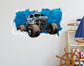 Monster Jam Wall Sticker - Megalodon Driving Through Broken Wall Decal Art