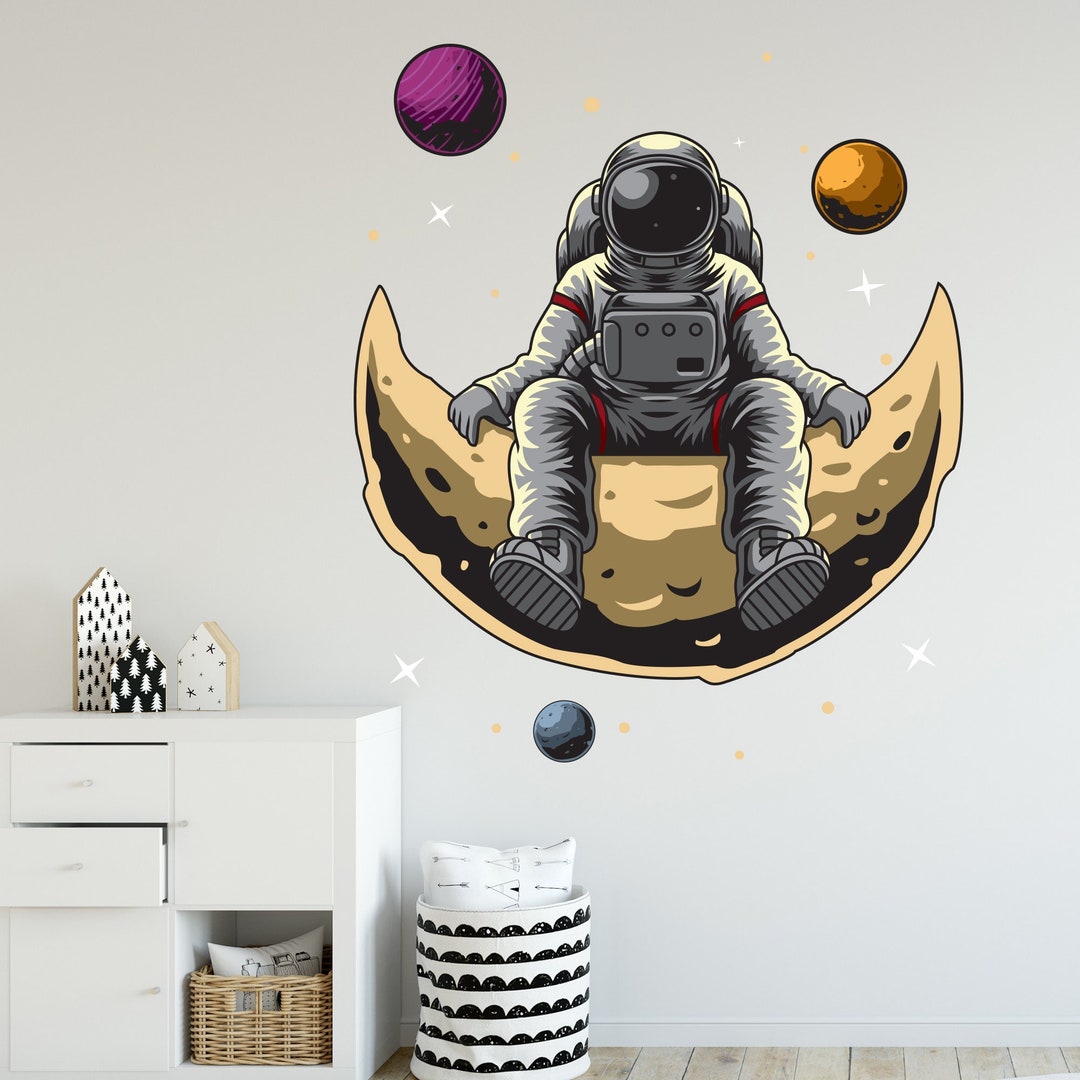 Space Wall Sticker - Astronaut Sat on Moon Cartoon Wall Decal Art - Etsy