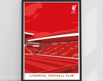 May include: A framed red and white illustration of Anfield Stadium, home of Liverpool Football Club. The image includes the club's logo and the text "Liverpool Football Club, Anfield Stadium, Liverpool, UK."