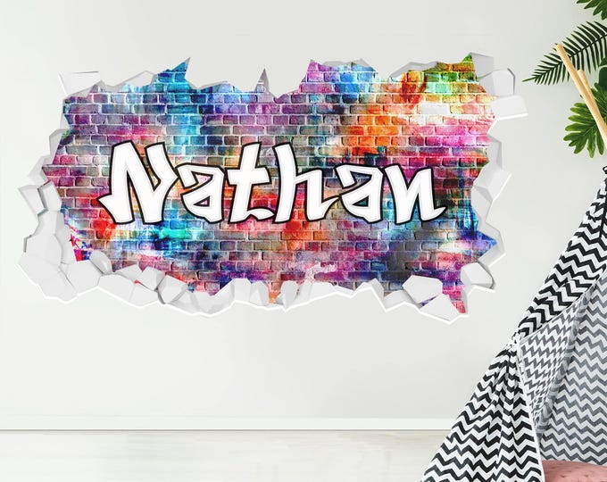 Graffiti Wall Sticker - Personalised Name Rainbow Broken Wall