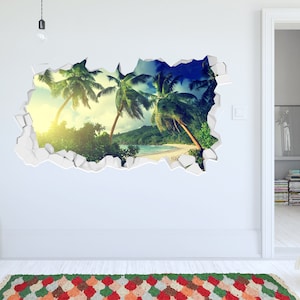 Beach Wall Sticker - Palm Trees on Beach Broken Wall Decal Home Decor Art
