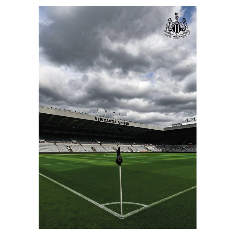 May include: A view of a soccer field with a black flag in the corner. The stands of the stadium are visible in the background. The sign above the stands reads "NEWCASTLE UNITED".