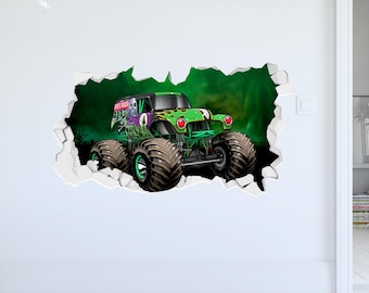 Monster Jam Wall Sticker - Grave Digger Driving Through Broken Wall Decal Art