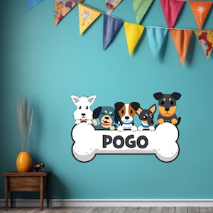May include: A white bone-shaped sign with the word "POGO" in black letters. Five cartoon dogs are sitting on the bone, including a white dog, a blue dog, a brown and white dog, a black and white dog, and a black and brown dog.