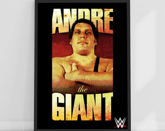 May include: A black and white poster with a vintage look featuring a portrait of Andre the Giant, a professional wrestler. The poster has the text "Andre the Giant" in yellow and the WWE logo in red.