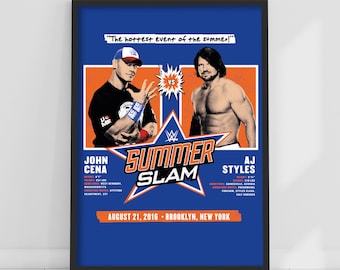 May include: A blue and orange poster advertising a wrestling match between John Cena and AJ Styles at SummerSlam on August 21, 2016 in Brooklyn, New York. The poster features the wrestlers' names and the event's date and location.