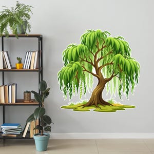 May include: A green weeping willow tree with long, flowing branches and leaves. The tree is depicted in a cartoon style and is set against a white background.