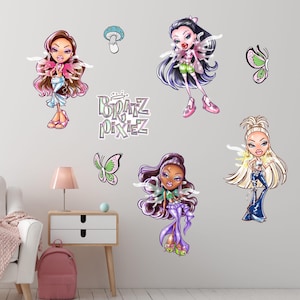 May include: Wall decals featuring Bratz Pixiez characters. The set includes four dolls with fairy wings, a mushroom, and two butterflies. The dolls have various hair colors and outfits, with the text "Bratz Pixiez" in the center.